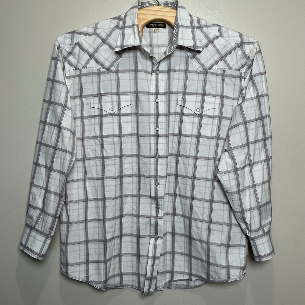 Stetson Western Pearl Snap Shirt Mens XL White Plaid Long Sleeve Excellent